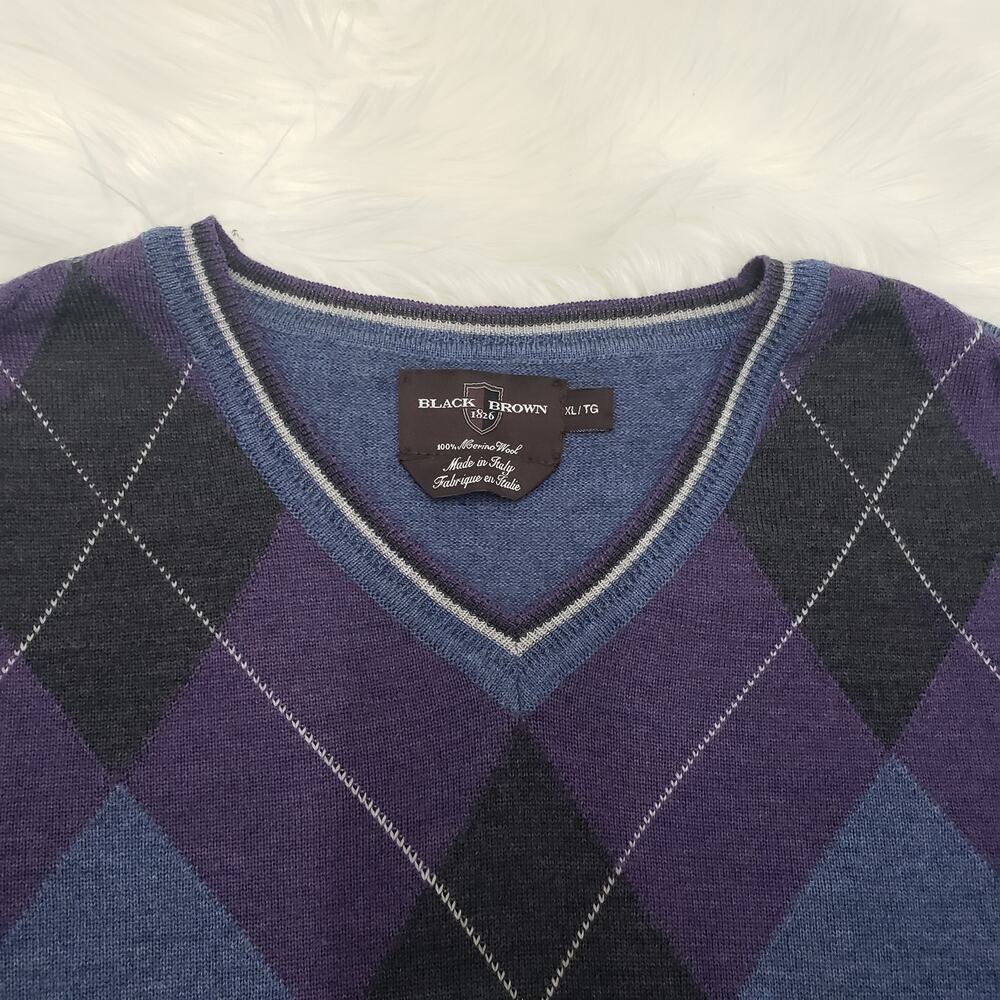 Black Brown 1826 Made in Italy 100% Merino Wool Argyle V-Neck Sweater Men XL - Picture 7 of 12